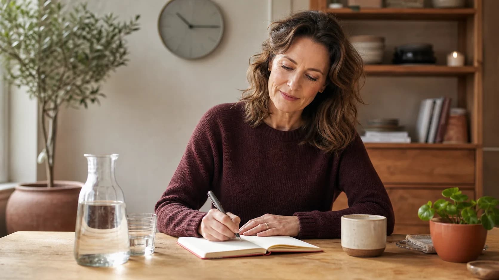 Vrouw schrijft rustig in een dagboek aan een houten tafel met waterkaraf, klok en plant op de achtergrond.
