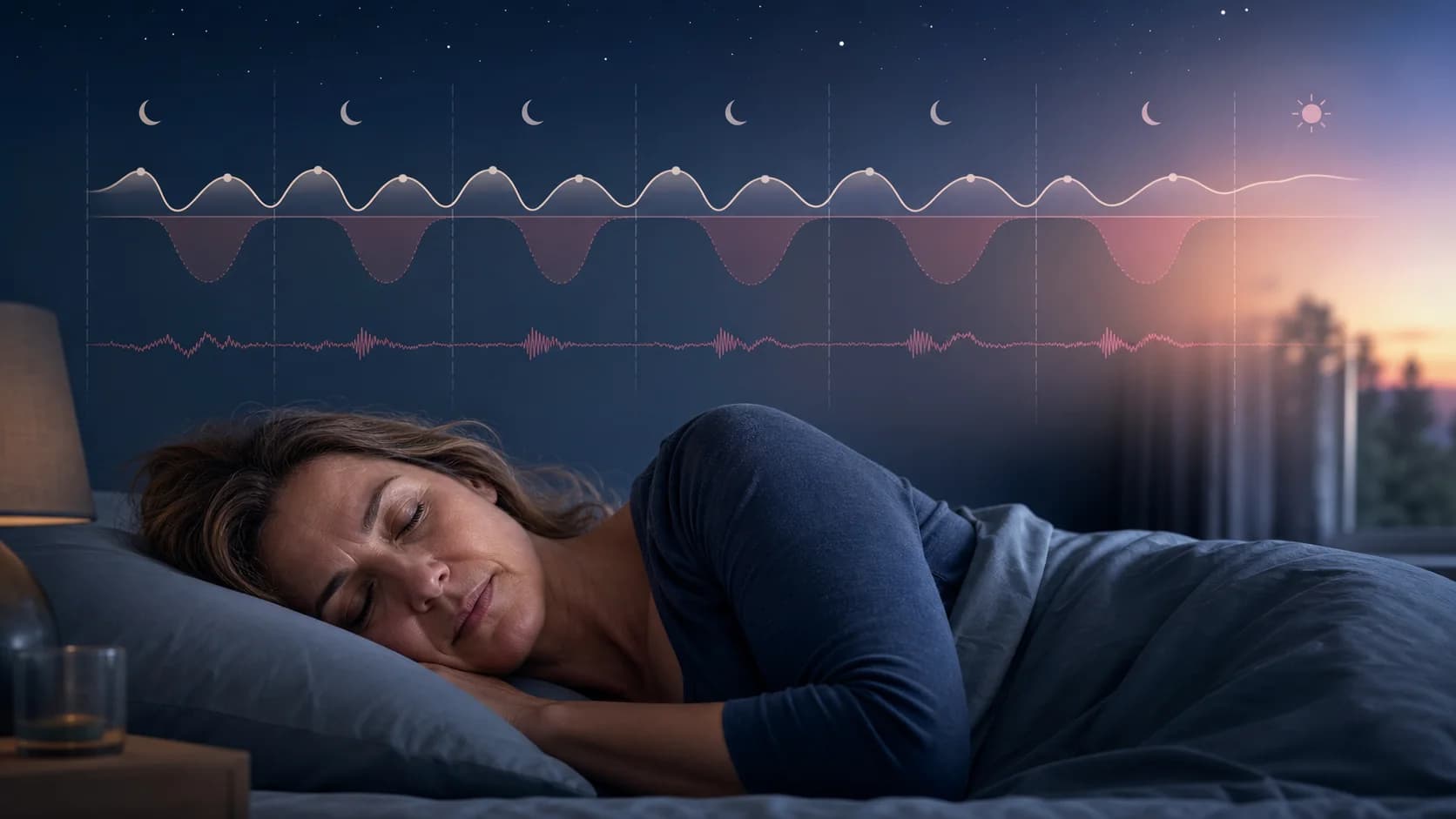 Slapende vrouw met een visualisatie van onderbroken diepe slaap gedurende de nacht.