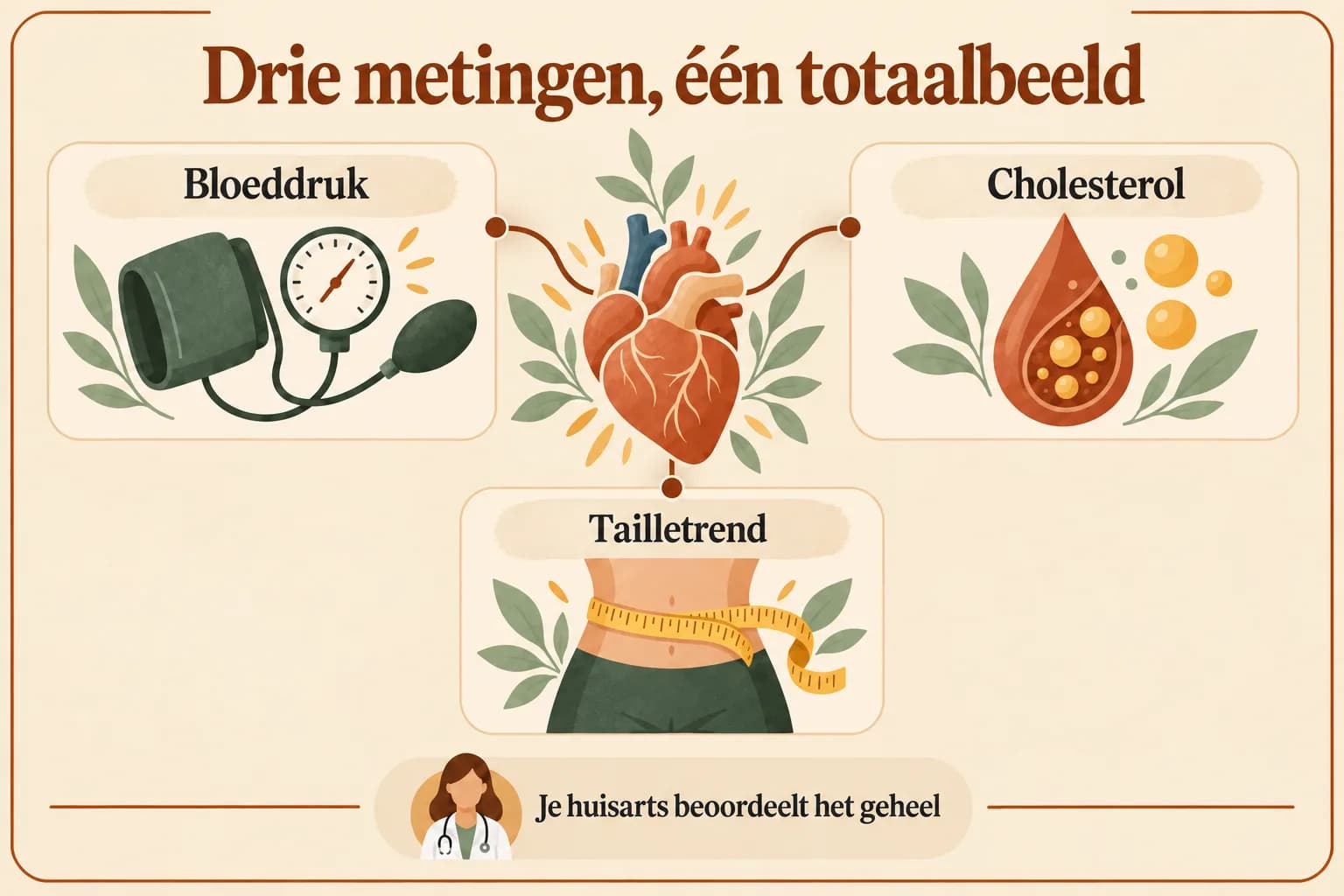 Uitlegillustratie van bloeddruk, cholesterol en tailletrend als drie metingen die samen een breder beeld van het hart- en vaatrisico geven.