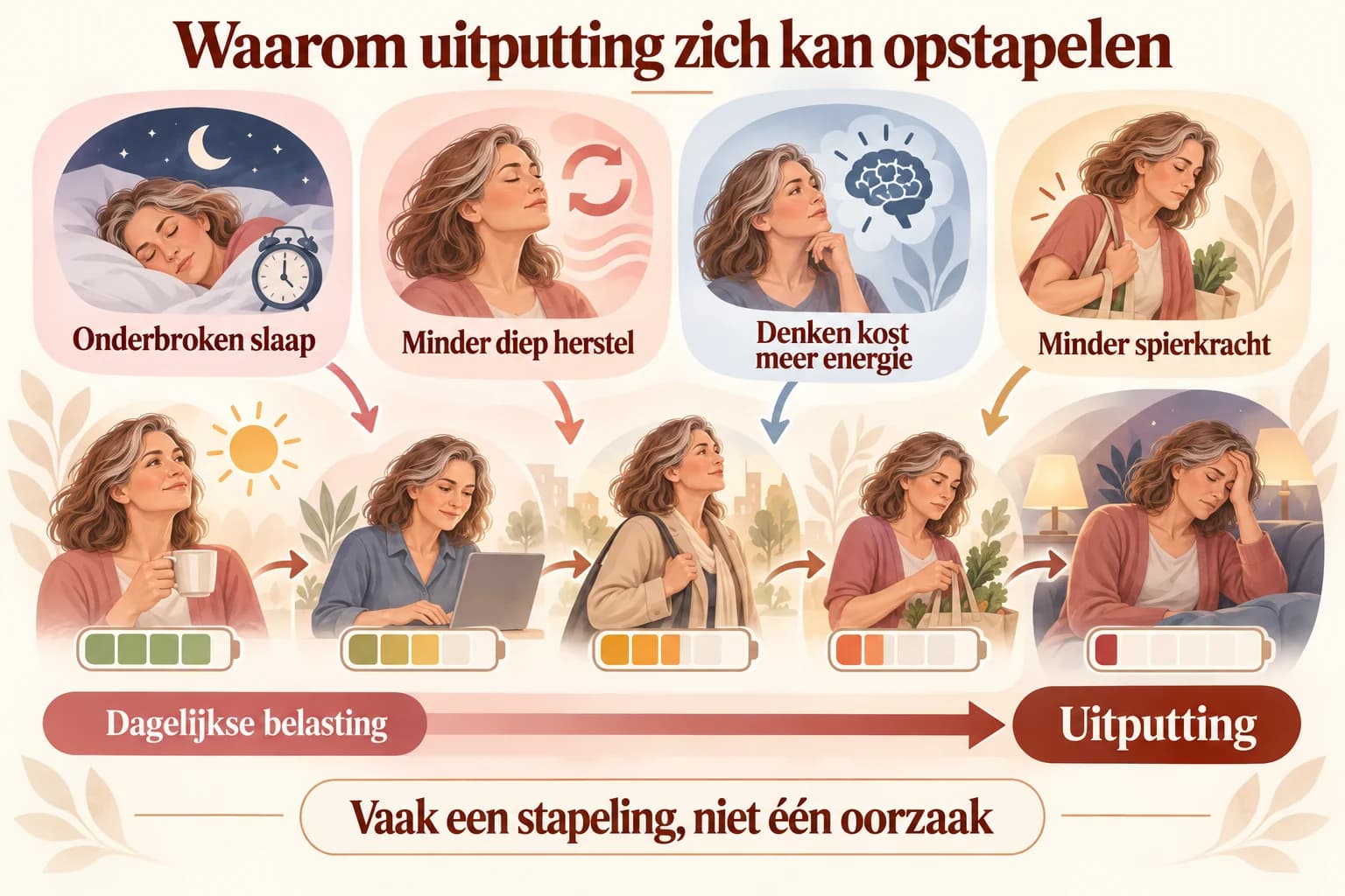 Uitlegillustratie van factoren die zich bij vermoeidheid kunnen opstapelen, zoals onderbroken slaap, cognitieve belasting en minder spierkracht.
