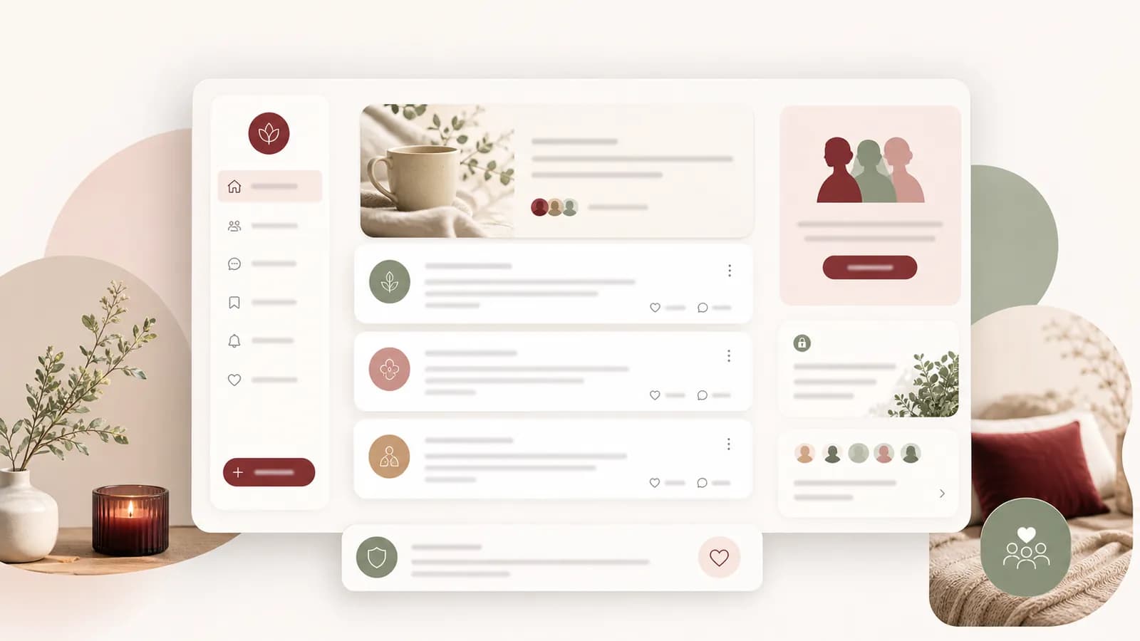 Abstracte mockup van een besloten community met zachte gesprekkaarten