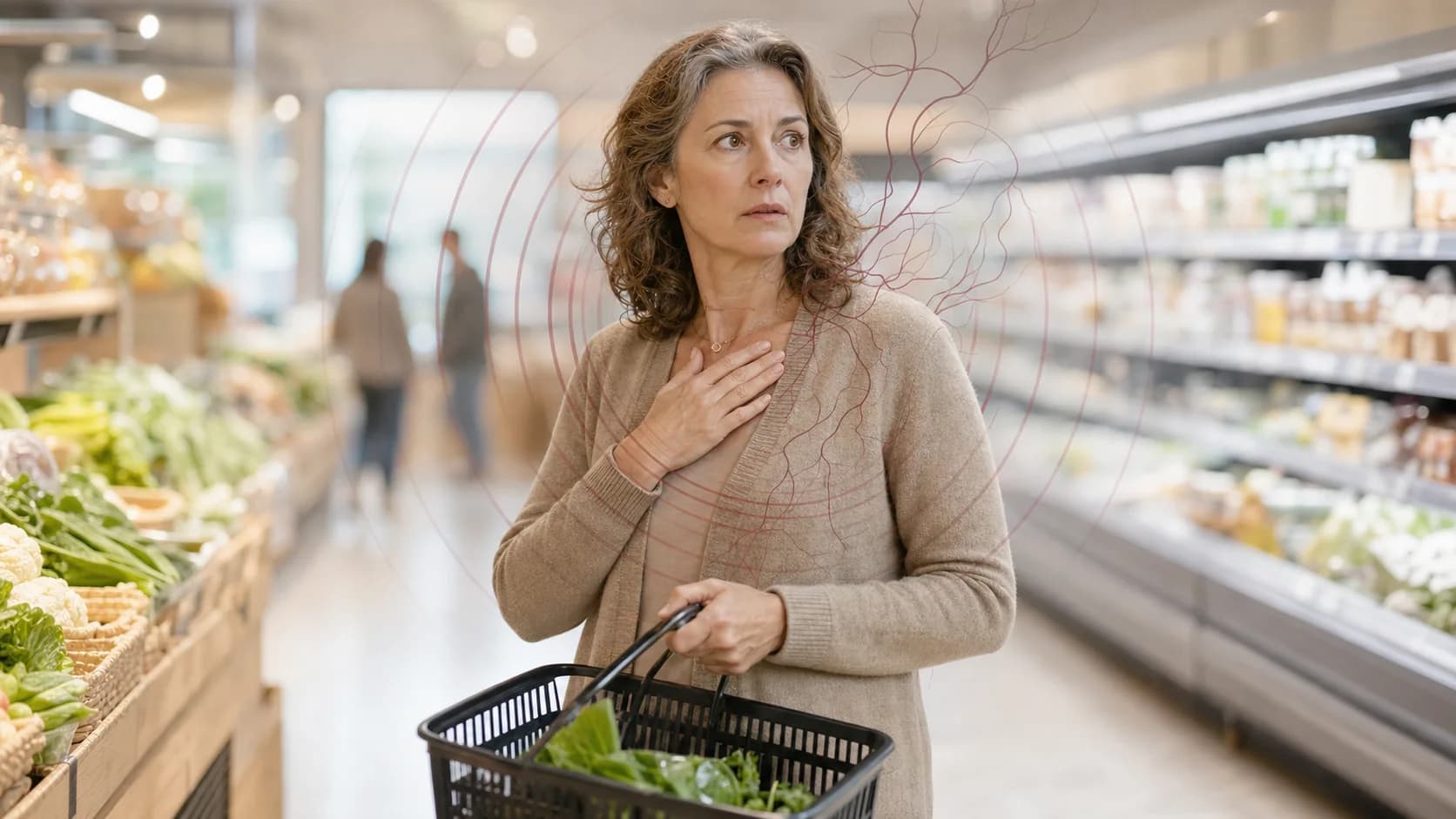 Vrouw ervaart plotselinge onrust in een rustige supermarkt, met subtiele stresssignalen rond haar lichaam.
