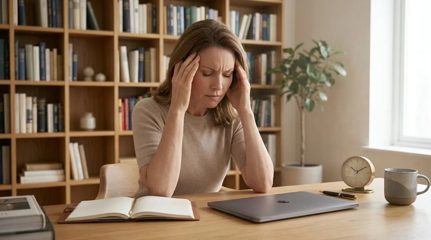 Vrouw aan een bureau met open notitieboek en laptop, terwijl zij geconcentreerd haar slapen vasthoudt.