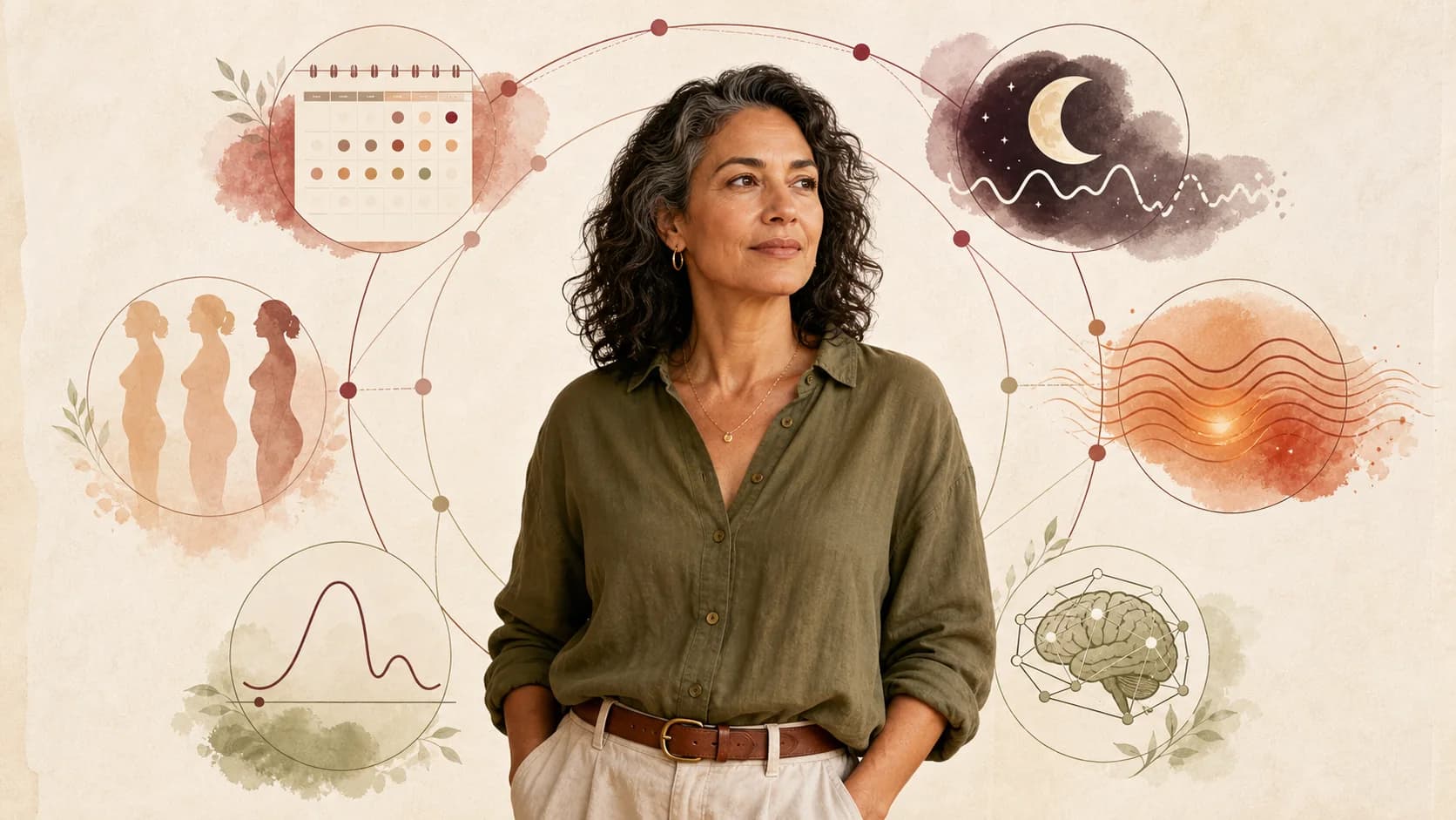 Vrouw omringd door verbonden symbolen voor cyclus, slaap, warmte, energie, concentratie en lichaamsverandering.