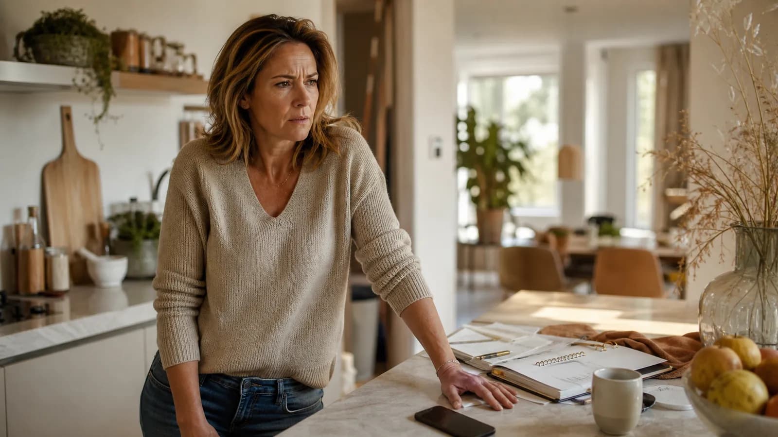 Vrouw staat gespannen in een warme keuken met telefoon en planning op het aanrecht.
