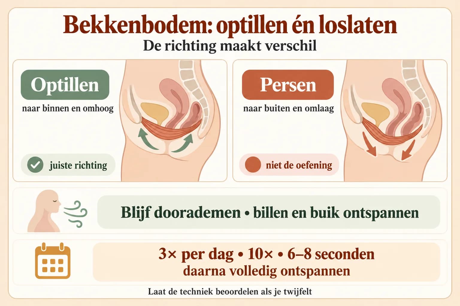 Uitlegillustratie van bekkenbodemaanspanning naar binnen en omhoog, gevolgd door volledig loslaten, met persen naar buiten als verkeerde richting.