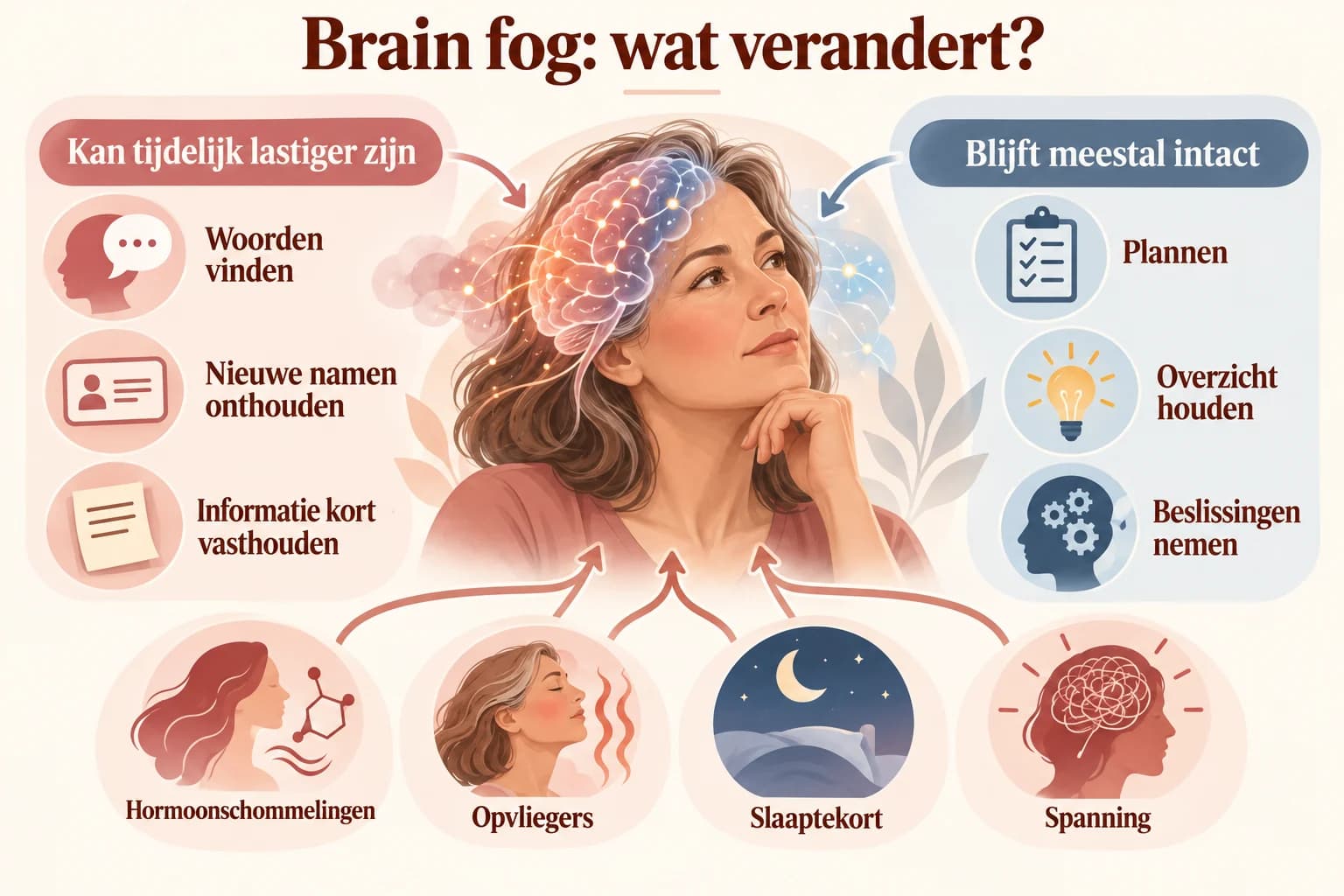 Uitlegillustratie van hoe hormoonschommelingen, opvliegers, onderbroken slaap en spanning samen kunnen doorwerken in geheugen en concentratie.