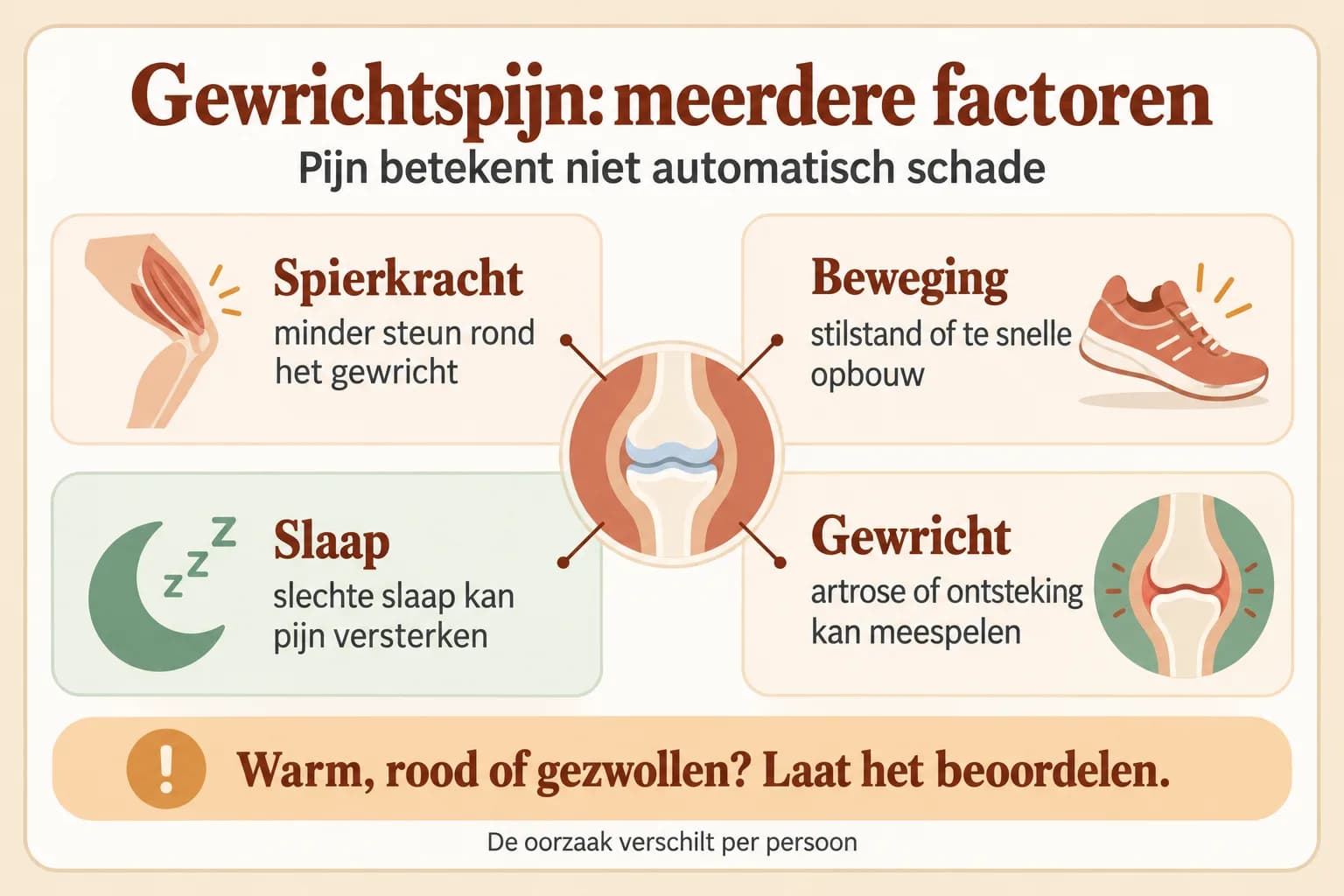 Uitlegillustratie van gewrichtspijn en stijfheid als patroon met meerdere mogelijke factoren, terwijl een rechtstreeks hormonaal verband nog niet vaststaat.