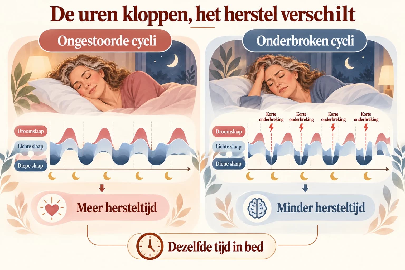 Uitlegillustratie die ongestoorde slaapcycli vergelijkt met een nacht vol korte onderbrekingen en daardoor minder diepe herstelslaap.