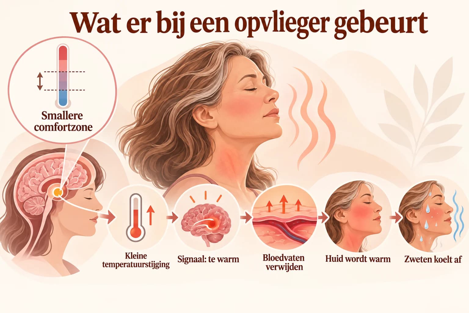 Uitlegillustratie van een gevoeliger afgestelde lichaamsthermostaat die warmte, zweten en een snellere hartslag kan uitlokken.