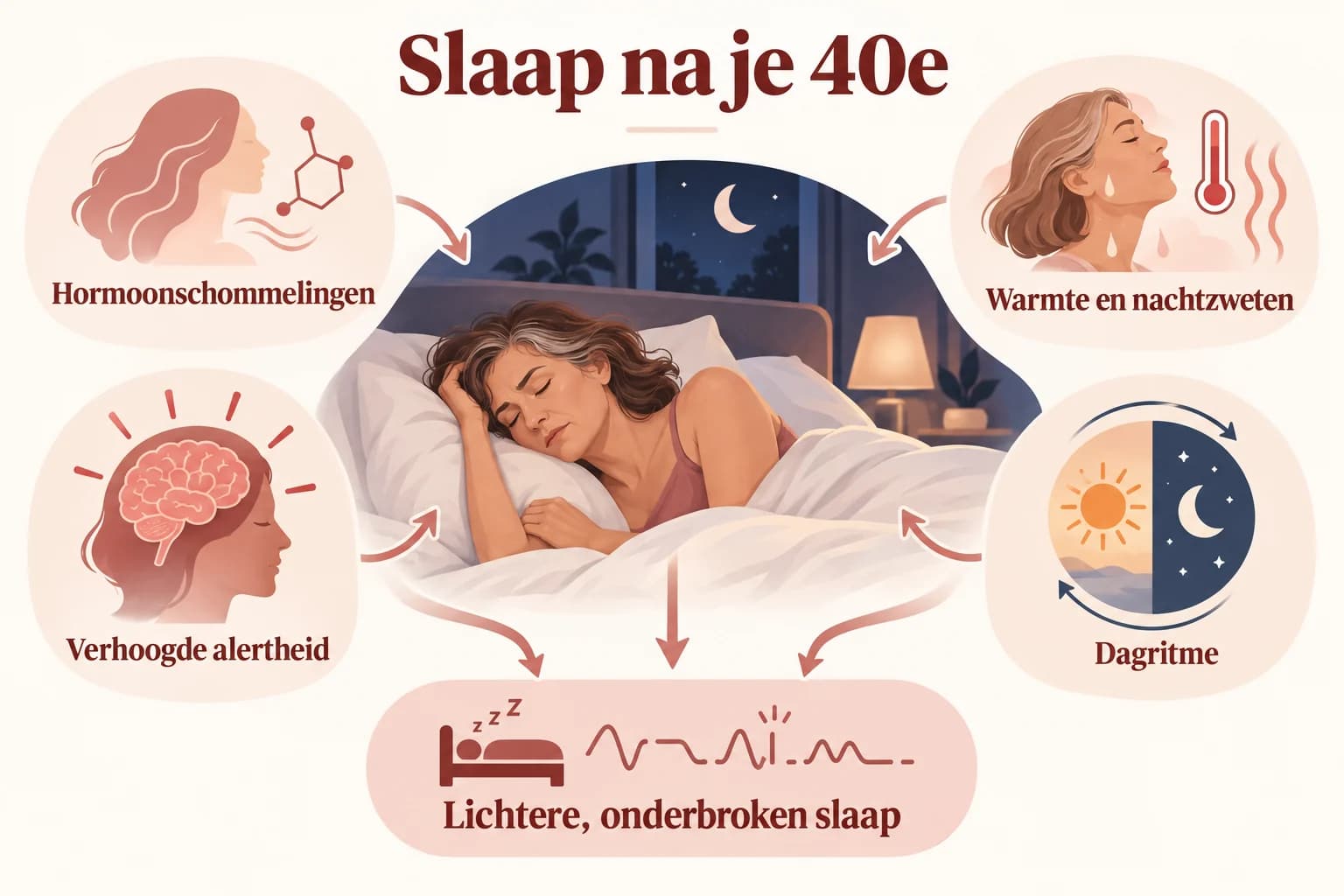 Uitlegillustratie van factoren die slaap na je 40e kwetsbaarder kunnen maken, zoals hormoonschommelingen, warmte, stress en dagritme.