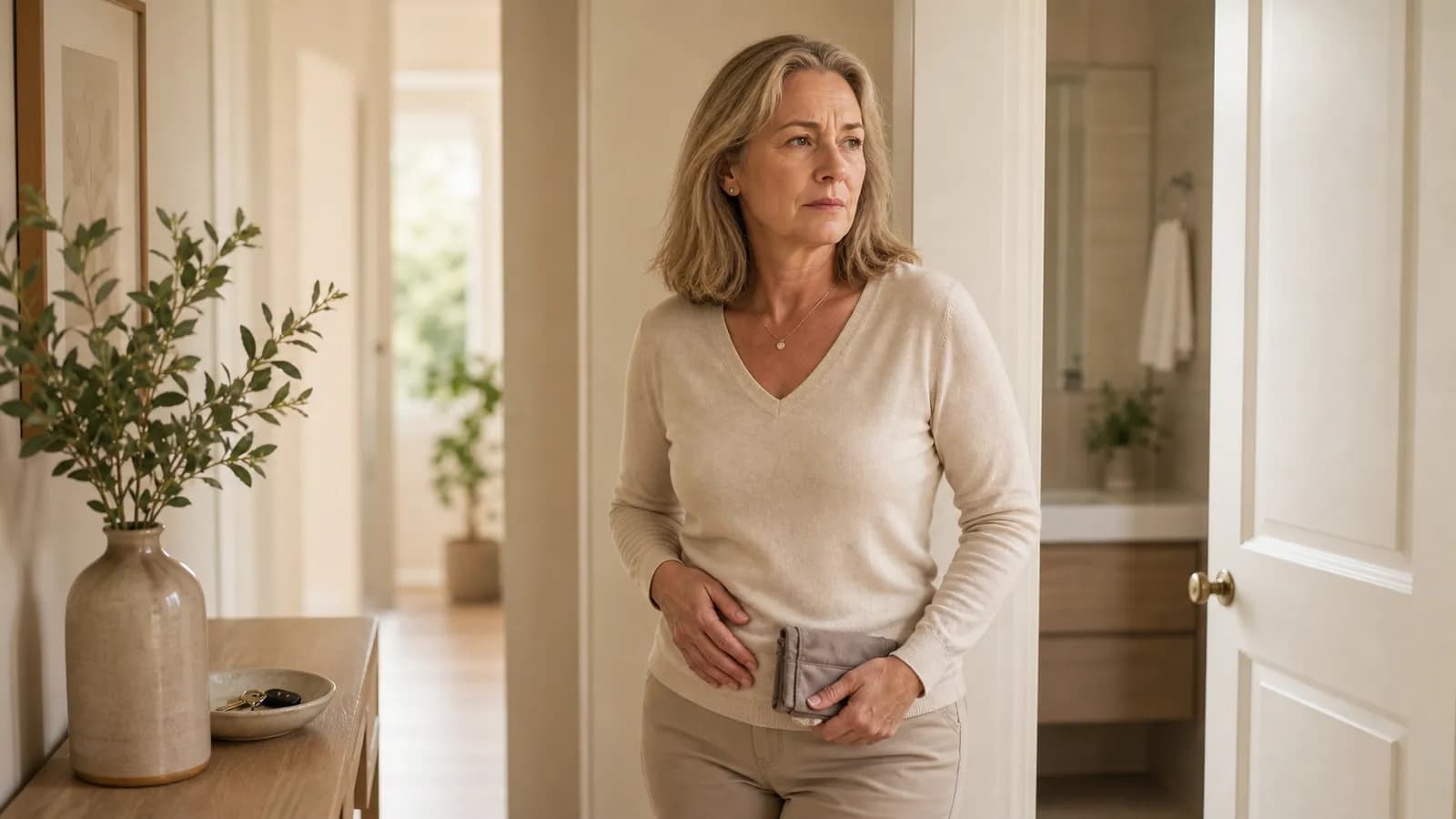 Vrouw staat bedachtzaam bij een lichte badkamerdeur in huis.