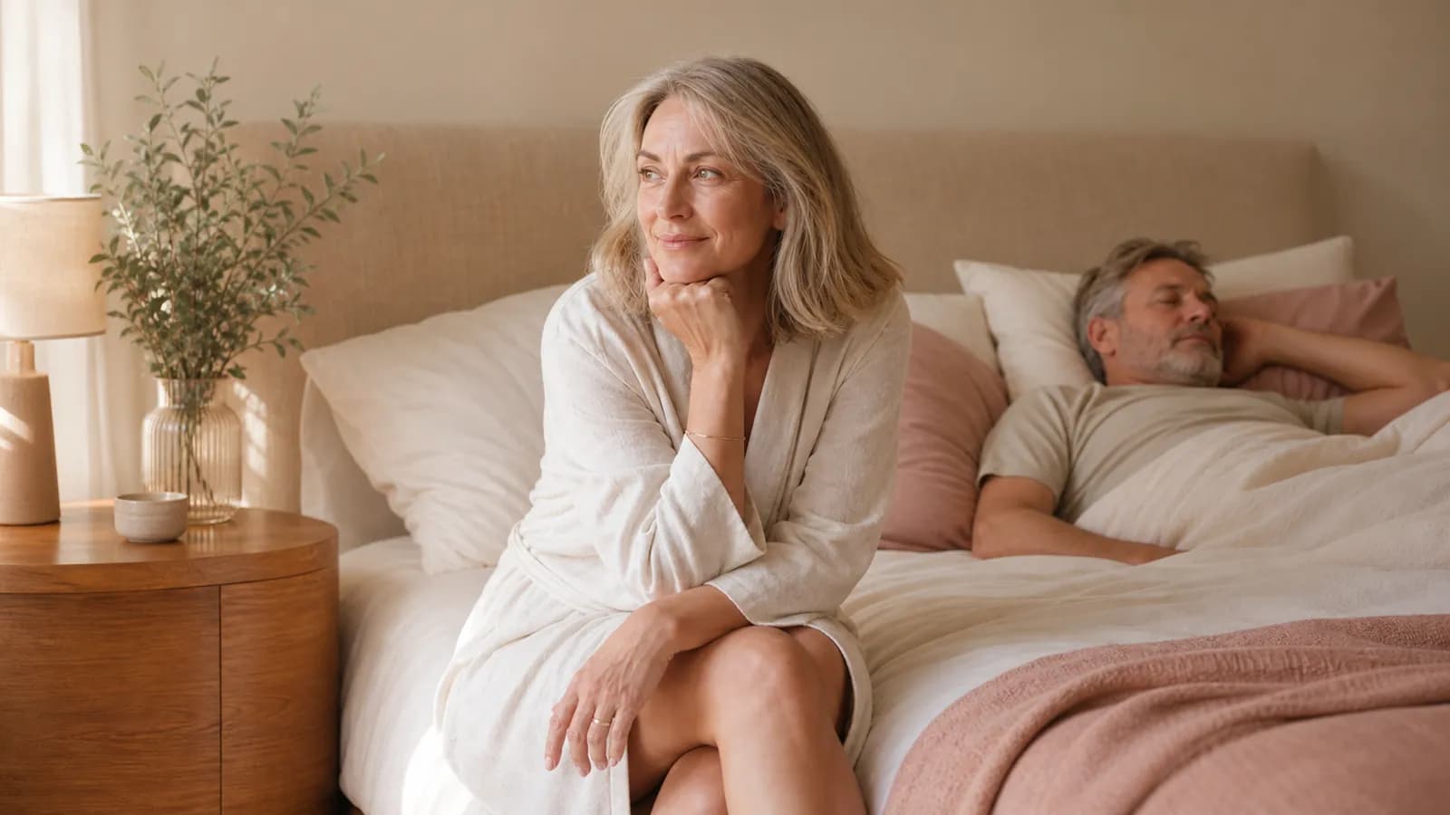 Vrouw zit rustig op bed in warm avondlicht naast water, notitieboek en verzorgingspotje.