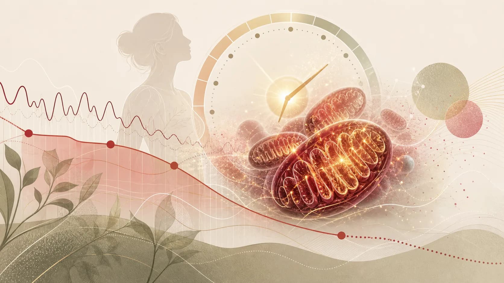 Wetenschappelijke illustratie van mitochondrien, energiegolven en een circadiaans ritme als beeld voor uitputting.