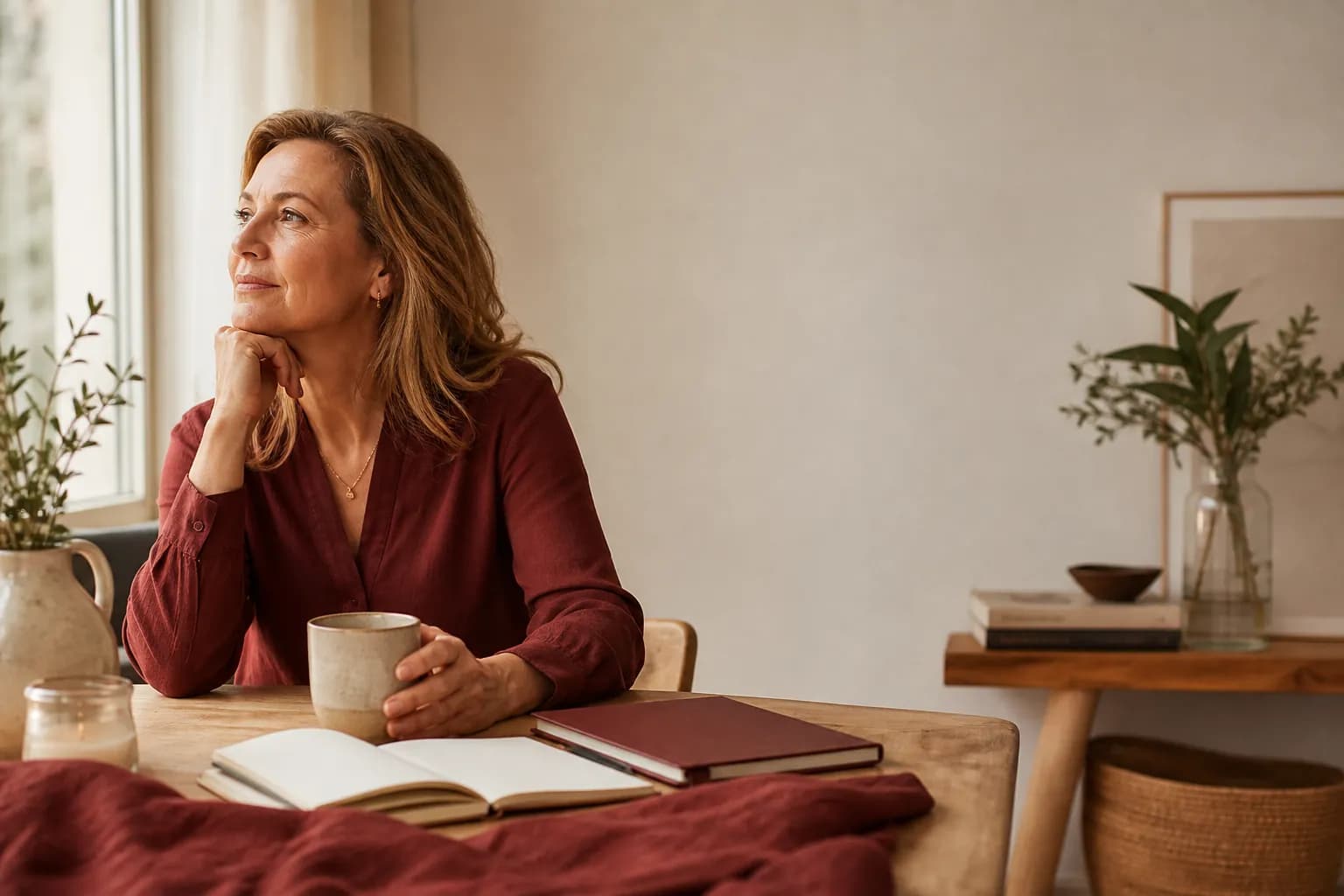 Volwassen vrouw in warm daglicht met notitieboek